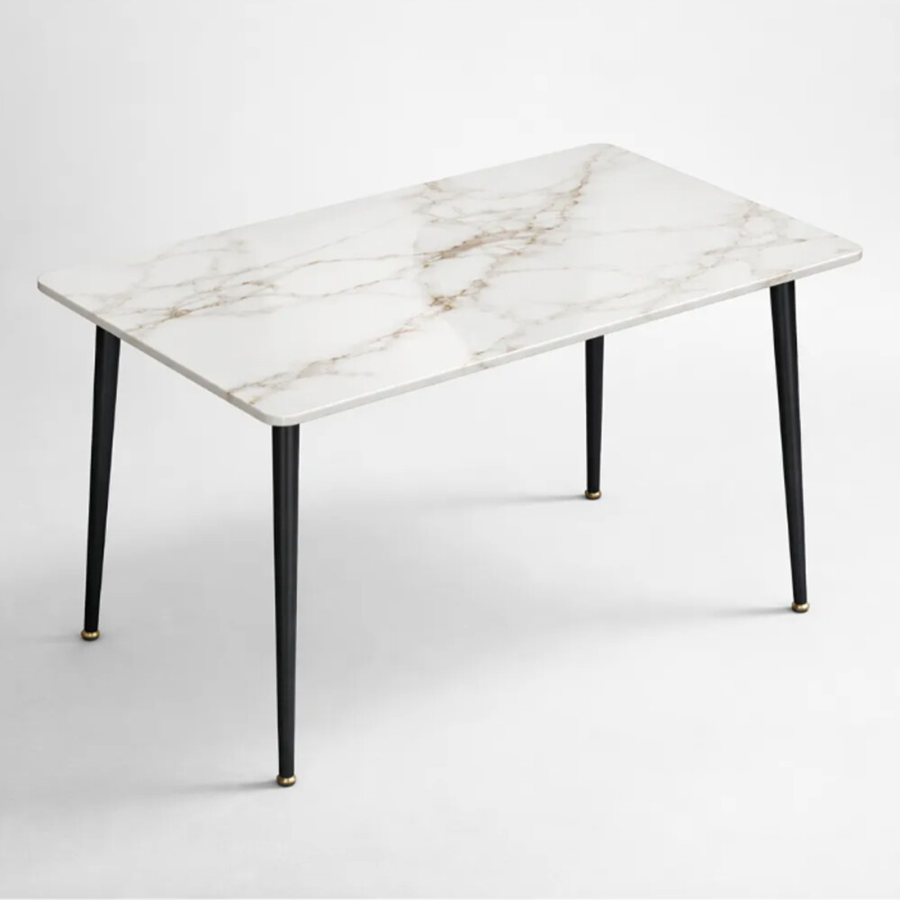 Mesa De Comedor Vidrio Símil Marmol 1.40x0.80m Patas De Hierro Blanco con marrón
