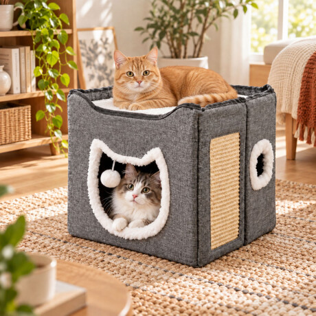 Casa Para Gatos Plegable Con Rascador Cama Y Pompón Gris
