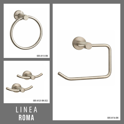 SET DE ACCESORIOS INCLUYE 2 PERCHAS DOBLES,PORTA ROLLO Y TOALLERO ARO, LINEA ROMA BRUSH NICKEL 000