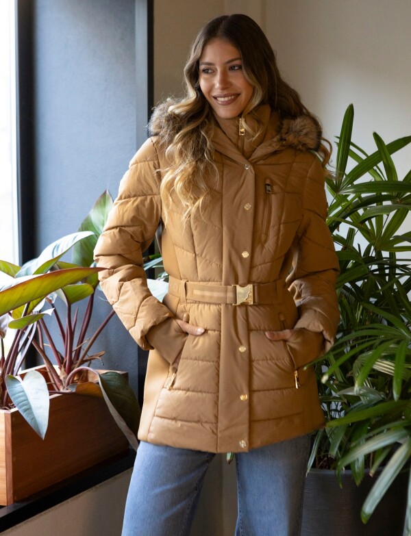 Campera Abrigo Capucha Piel TOSTADO