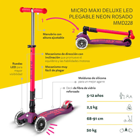 Monopatín Micro Maxi Plegable Neón LED Ajustable con 3 Ruedas ROSA
