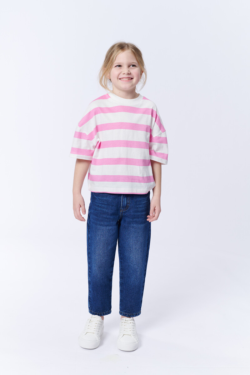 Remera Manga 3/4 Rayas Rosa Y Crudo