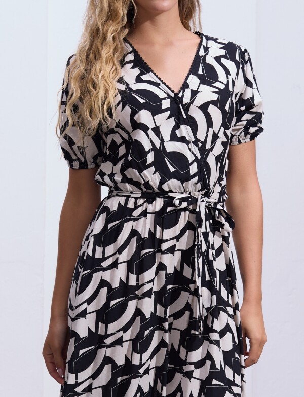 Vestido Printed Detalle Lazo NEGRO/CRUDO