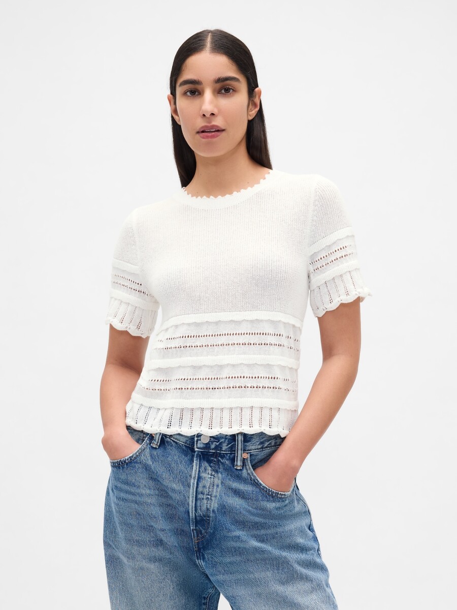 SS LINEN POINTELLE TOP - NEW OFF WHITE 