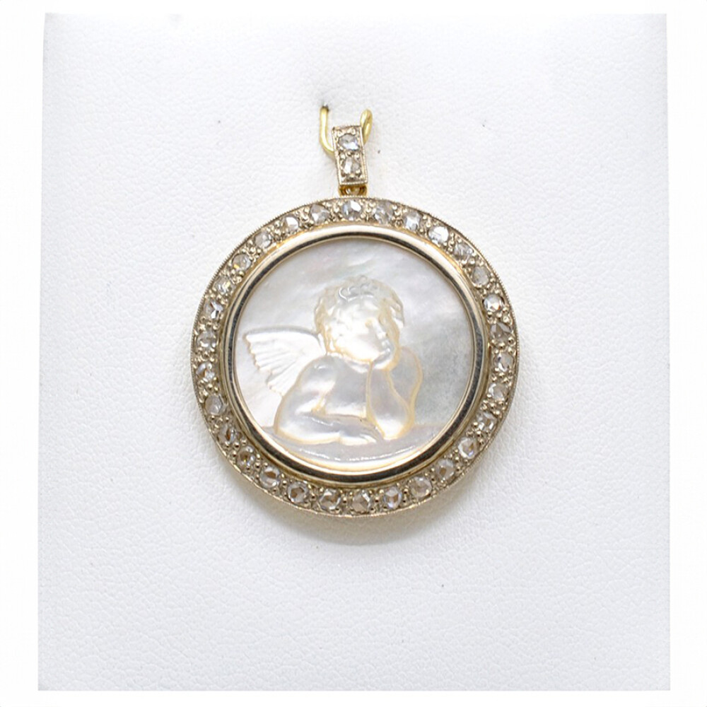 Medalla Estilo Antiguo Oro 18K, Nácar Y Diamantes Imagen Angel. Medalla Estilo Antiguo Oro 18K, Nácar Y Diamantes Imagen Angel.