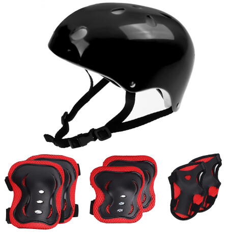 Set Protección Rodilleras Coderas Muñequeras + Casco Negro