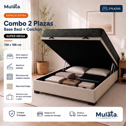 Sommier Baúl 2 Plazas Beige con Colchón Super Mega 138 x 188 Firmeza Media Sommier Baúl 2 Plazas Beige con Colchón Super Mega 138 x 188 Firmeza Media