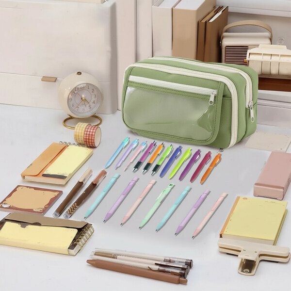 Cartuchera Organizador Escolar Grande Triple Cierre Bolsillo Color Verde