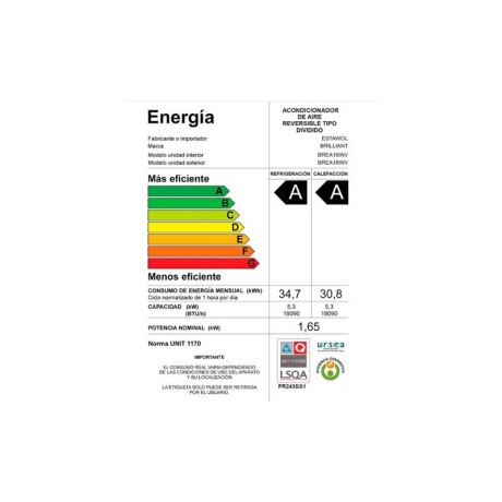 AIRE ACONDICIONADO BRILLIANT INVERTER 18000 BTU EF. A AIRE ACONDICIONADO BRILLIANT INVERTER 18000 BTU EF. A