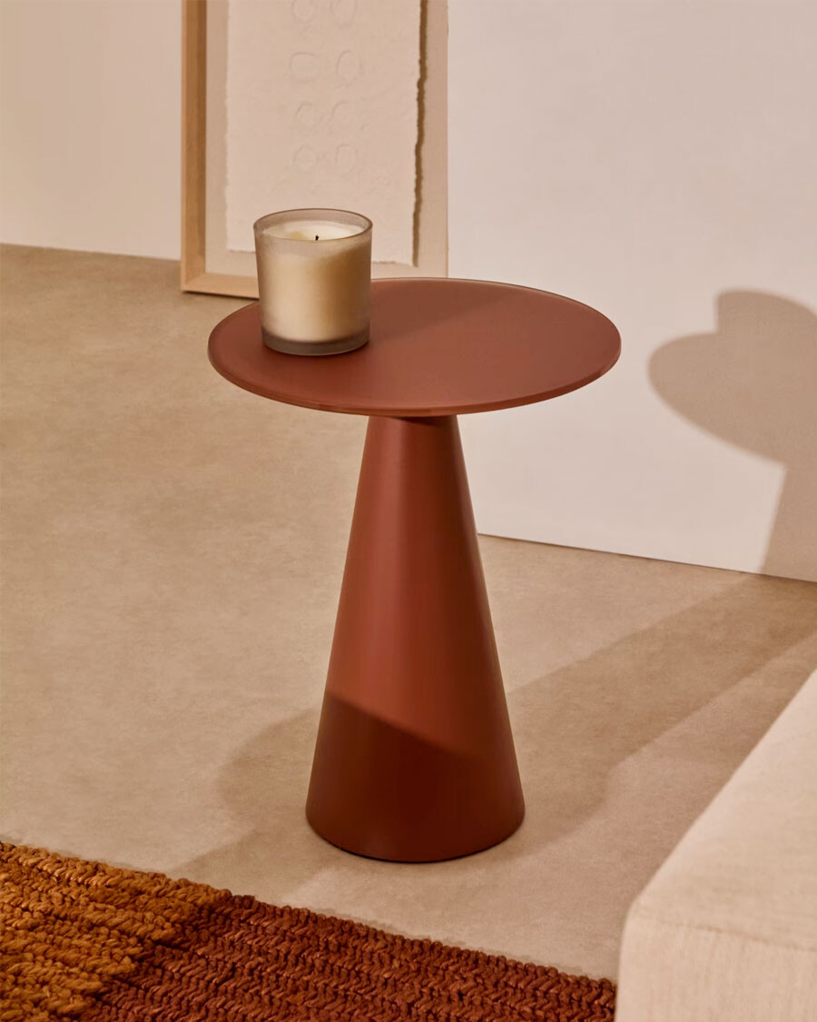 Mesa auxiliar Wilshire vidrio templado glaseado y acero acabado pintado terracota mate Ø35cm Mesa auxiliar Wilshire vidrio templado glaseado y acero acabado pintado terracota mate Ø35cm