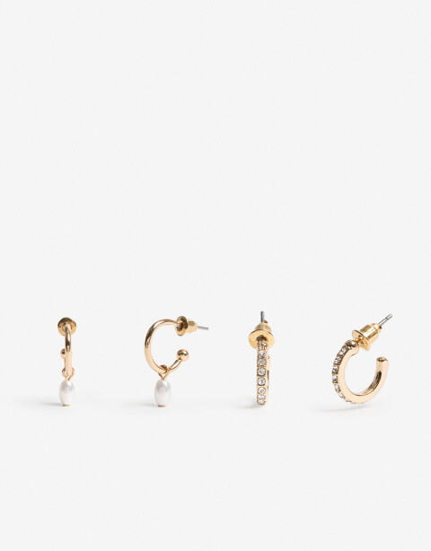 Aros Argollas Set Perlas Set Argollas Strass Y Perla - Dorado