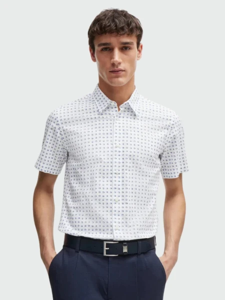 BOSS - Camisa manga corta slim fit, S-ROAN-KEN Blanco