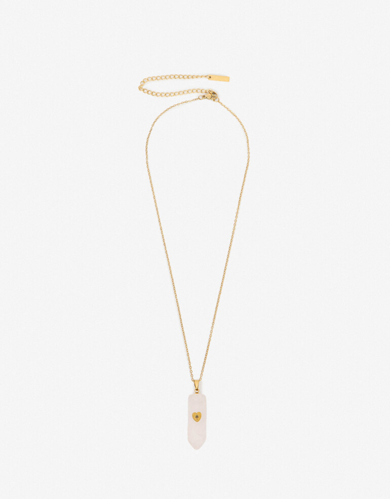 Cadena Corta con Dije Piedra Collar De Acero Con Piedra Cuarzo Rosa - Dorado