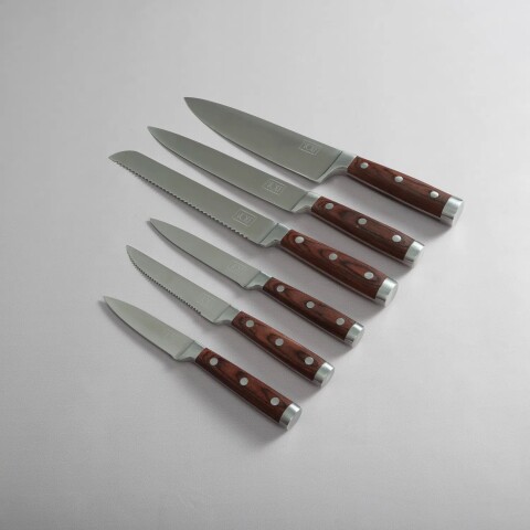 Juego de 6 Cuchillos profesionales color madera, con soporte blanco y tabla de madera y mármol - Volf Juego de 6 Cuchillos profesionales color madera, con soporte blanco y tabla de madera y mármol - Volf