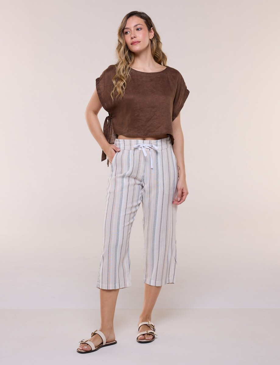 Capri De Lino A Rayas Con Cintura Ajustable - Beige/multi 