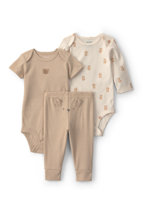 Set tres piezas de algodón, pantalón y bodies, marrón y crema, diseño osos Sin color