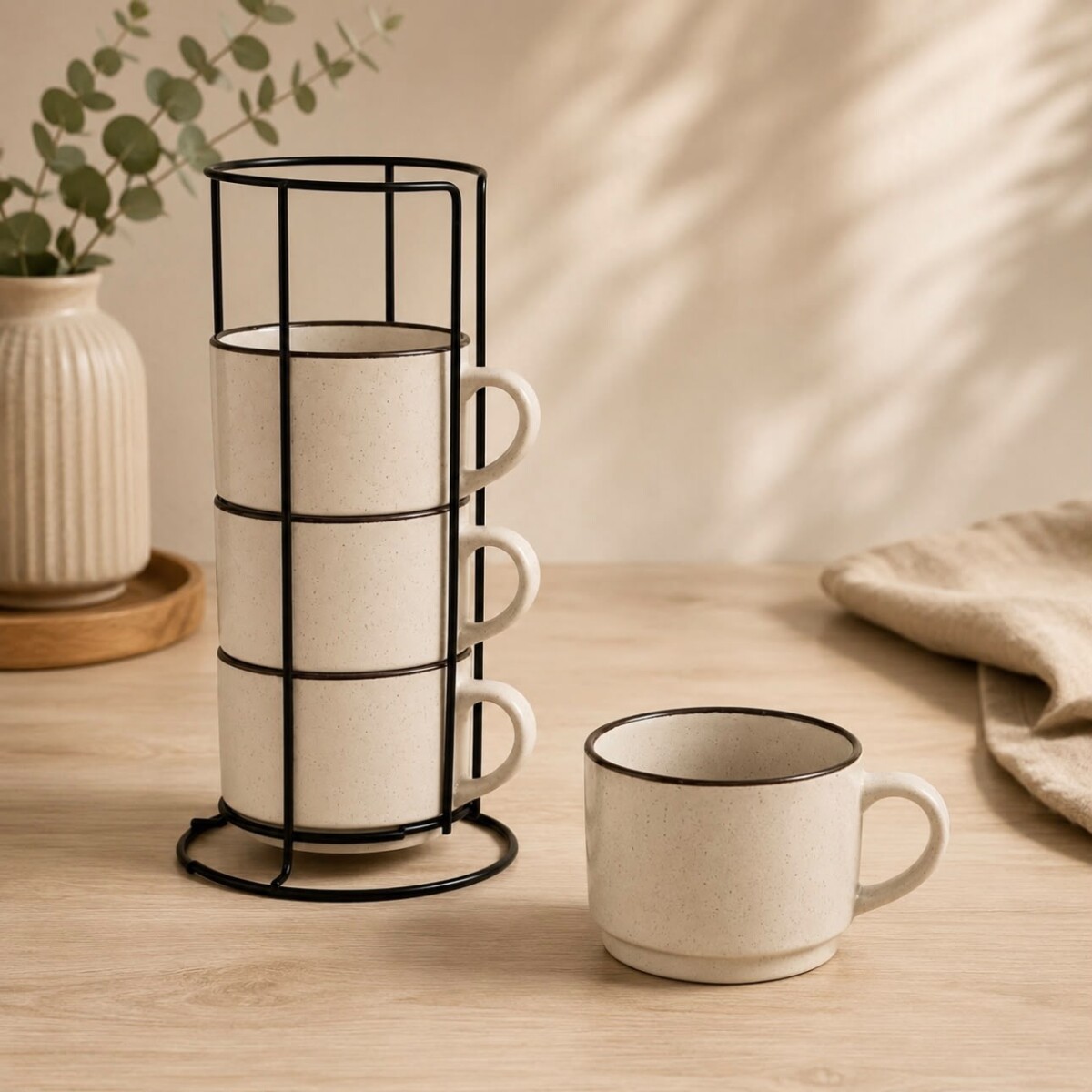 Juego de 4 Tazas de Cerámica con Soporte Metálico - 250 ml 