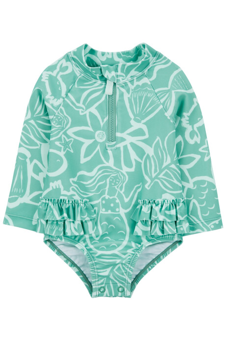 Malla de baño una pieza manga larga con protección UPF 50+ diseño sirenas. Talles 3-24M Sin color