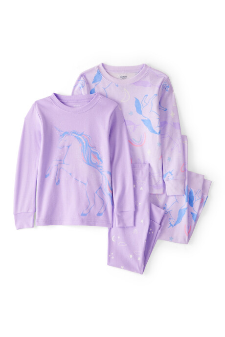 Pijama cuatro piezas de algodón, dos remeras manga larga y dos pantalones, diseño unicornios Sin color