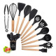 Kit Set Utensilios Para Cocina Madera Y Goma Negro