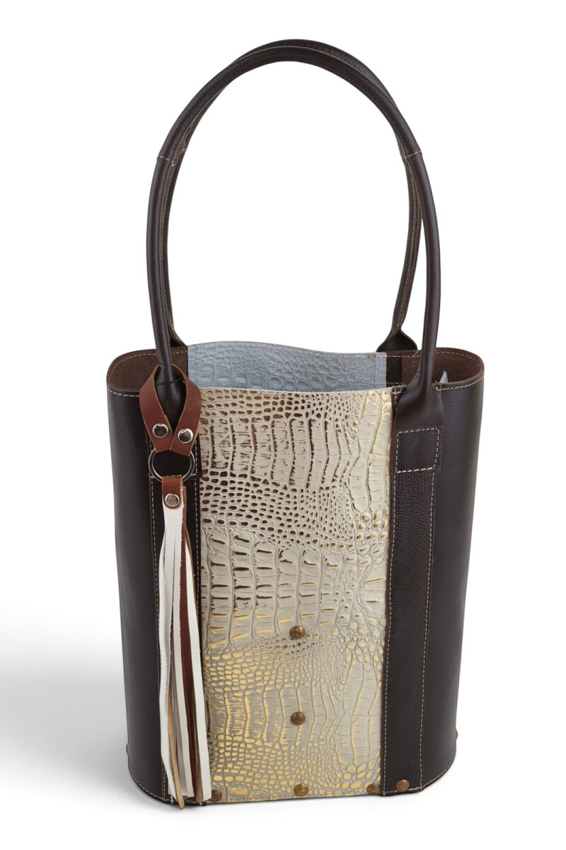Matera de Cuero Combinado Grabado – Con Compartimento Interno Croco beige y dorado