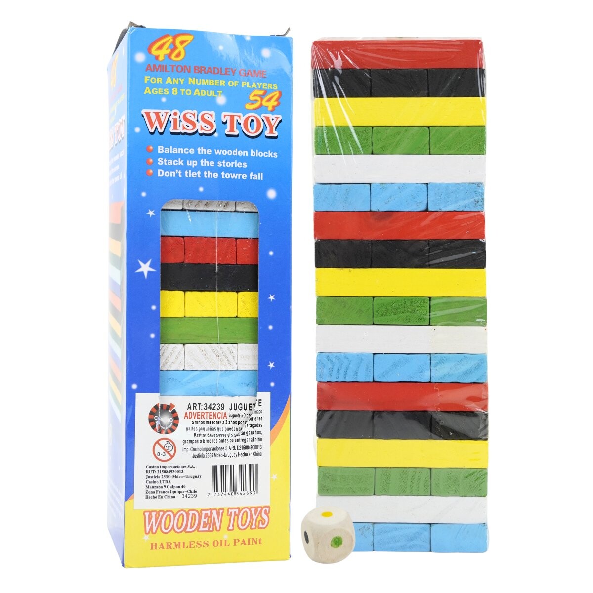 Juego de mesa torre de ladrillos de madera color + 1 dado 