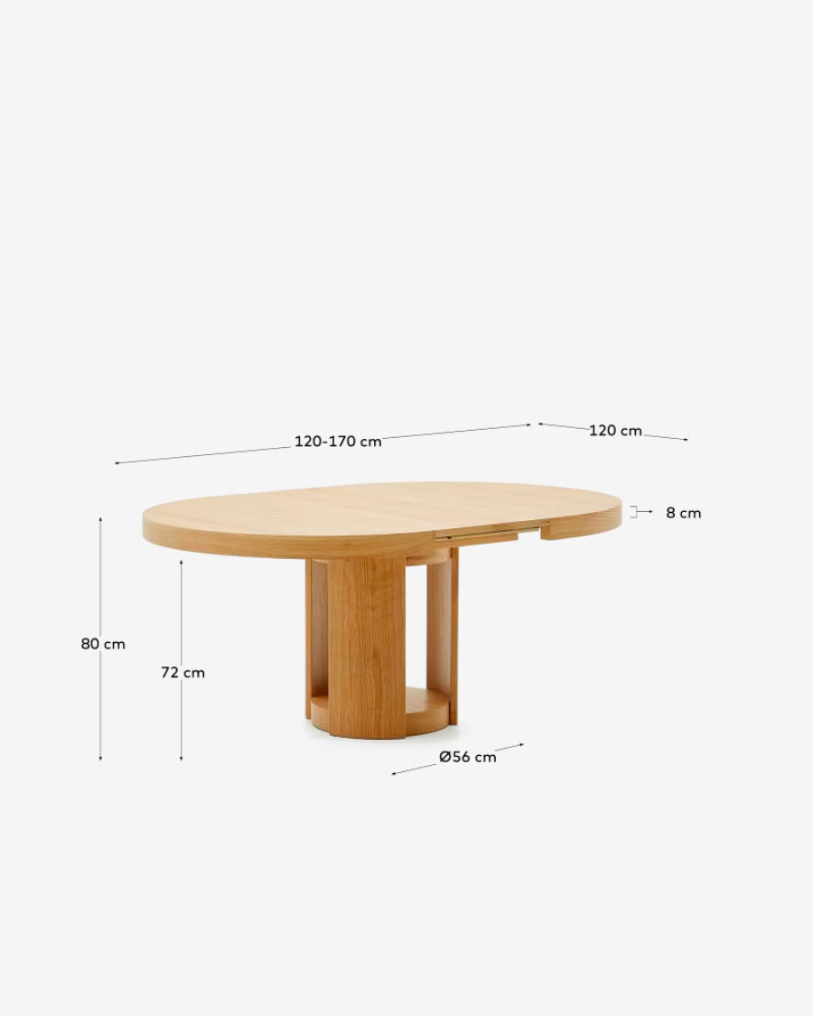 Mesa extensible redonda Artis de madera maciza y chapa de roble FSC 100% 120 (170) x 80 cm Mesa extensible redonda Artis de madera maciza y chapa de roble FSC 100% 120 (170) x 80 cm