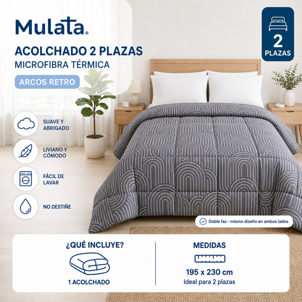 Acolchado 2 Plazas Doble Faz Microfibra Térmico 195 x 230cm - Arcos Retro Negro Gris 