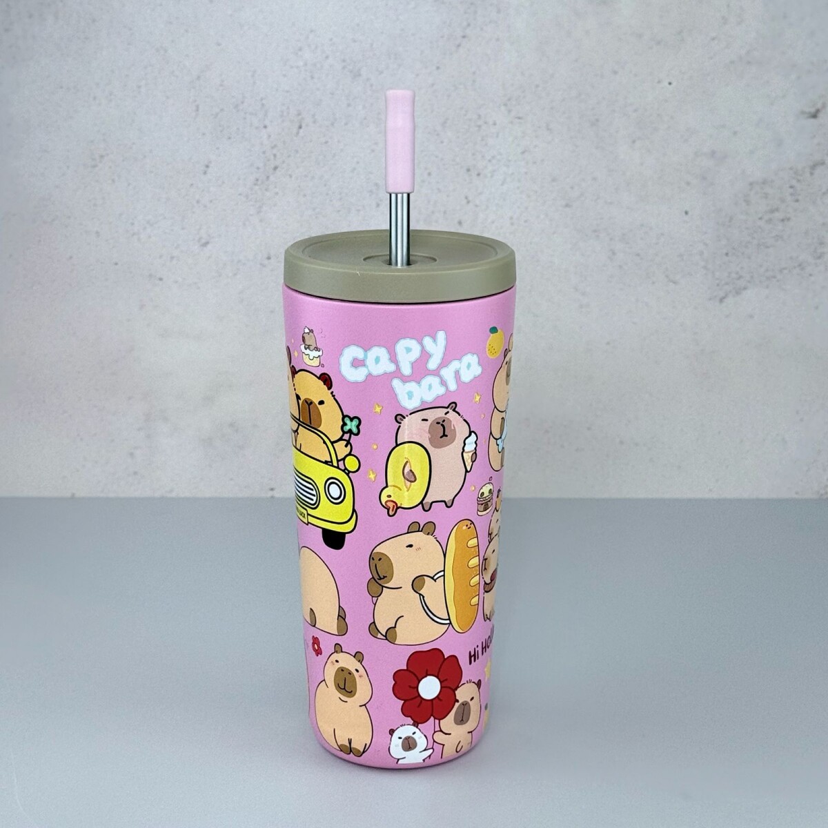 Vaso Térmico Capybara con Sorbito de Acero Inoxidable | Rosado 