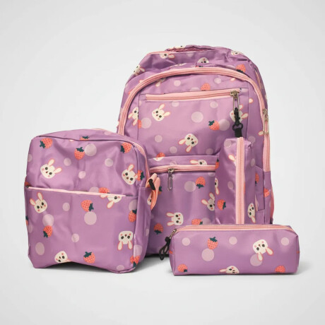 Set Mochila 3 Piezas Diseño Frutillitas Escolar Resistente Lila
