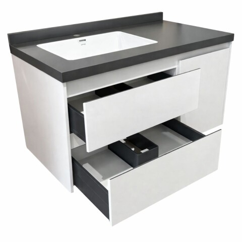 Mueble de baño suspendido Vip Blanco 100cm mesada gris con Bacha de Loza Mueble De Baño Suspendido Vip Blanco 100cm Mesada Gris Con Bacha De Loza