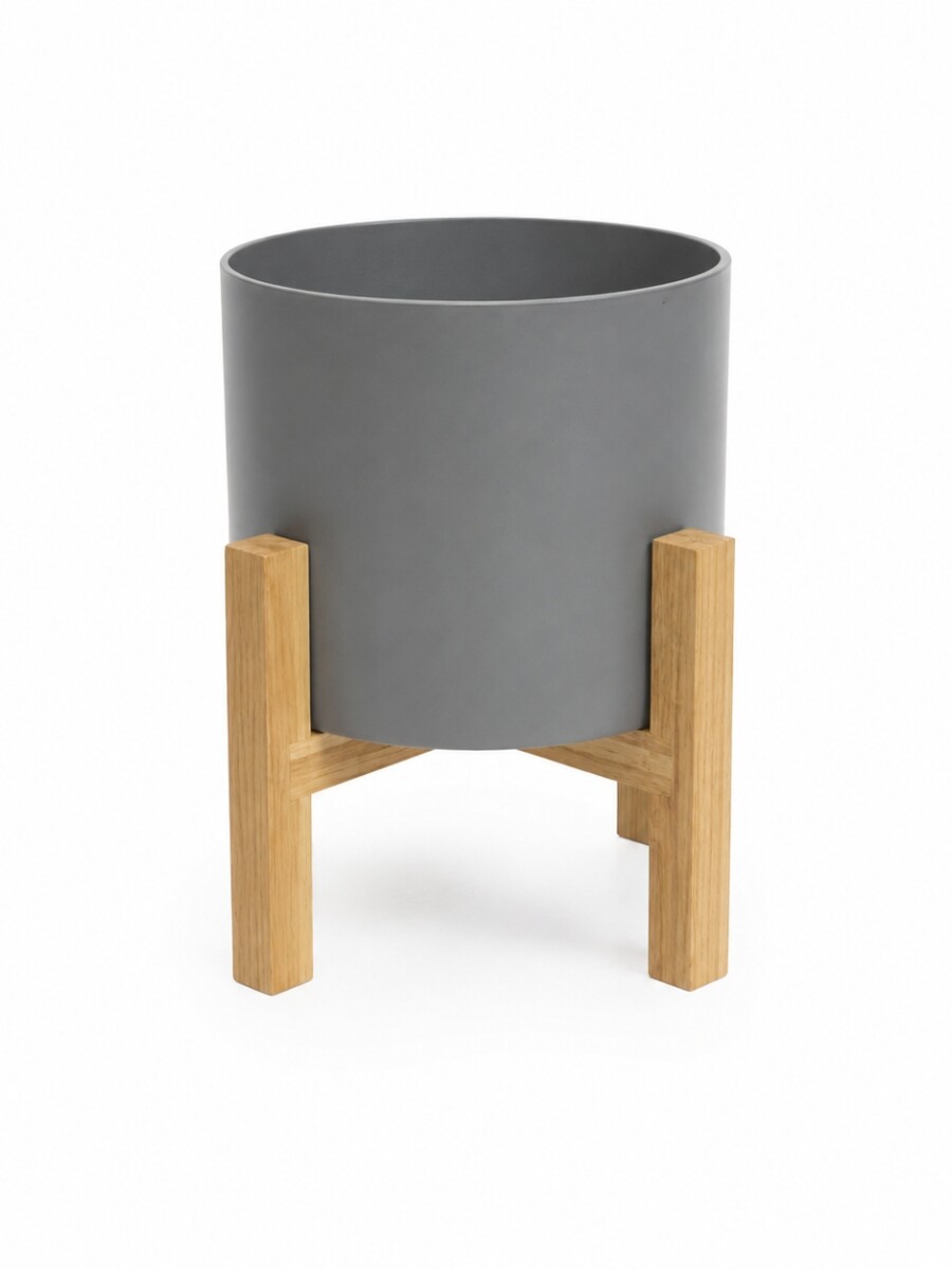 MACETA CERÁMICA M CON SOPORTE DE MADERA GRIS OSCURO