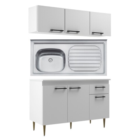 Bajo Mesada 3 Puertas 1 Cajón + Pileta Izquierda Tramontina Acero Inoxidable + Aéreo 3 Puertas - Blanco Bajo Mesada 3 Puertas 1 Cajón + Pileta Izquierda Tramontina Acero Inoxidable + Aéreo 3 Puertas - Blanco