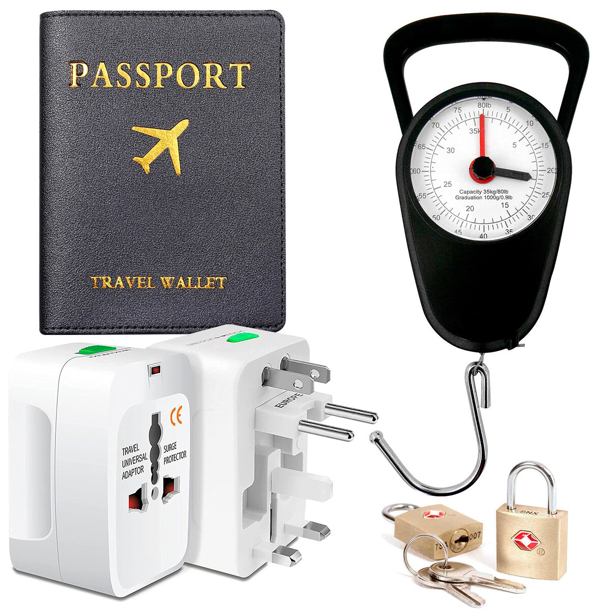 Set Viaje Porta Pasaporte+ balanza+ candado Adaptador 