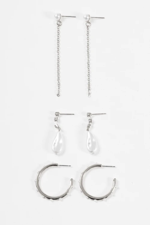 Set de aros detalle perla plateado