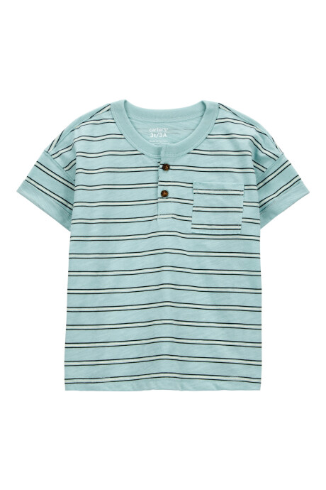 Remera henley de algodón, manga corta, diseño a rayas Sin color