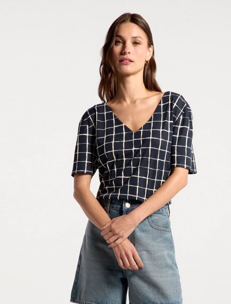 BLUSA DE CUELLO EN V CON ESTAMPADO AZUL