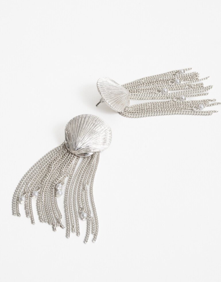 Aros Colgantes Largos Metal Aro Largo Caracoles Y Perlas - Plateado Plata Mate