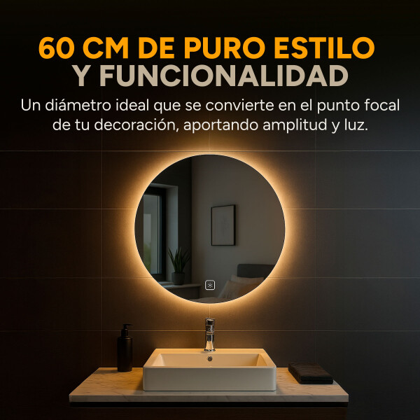 Espejo Redondo Baño Táctil 3 Modos Luz Retroiluminado 60 Cm Diseño Circular