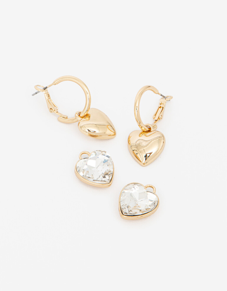 Aros Sets Strass Argollas Con Doble Dije De Corazón - Dorado