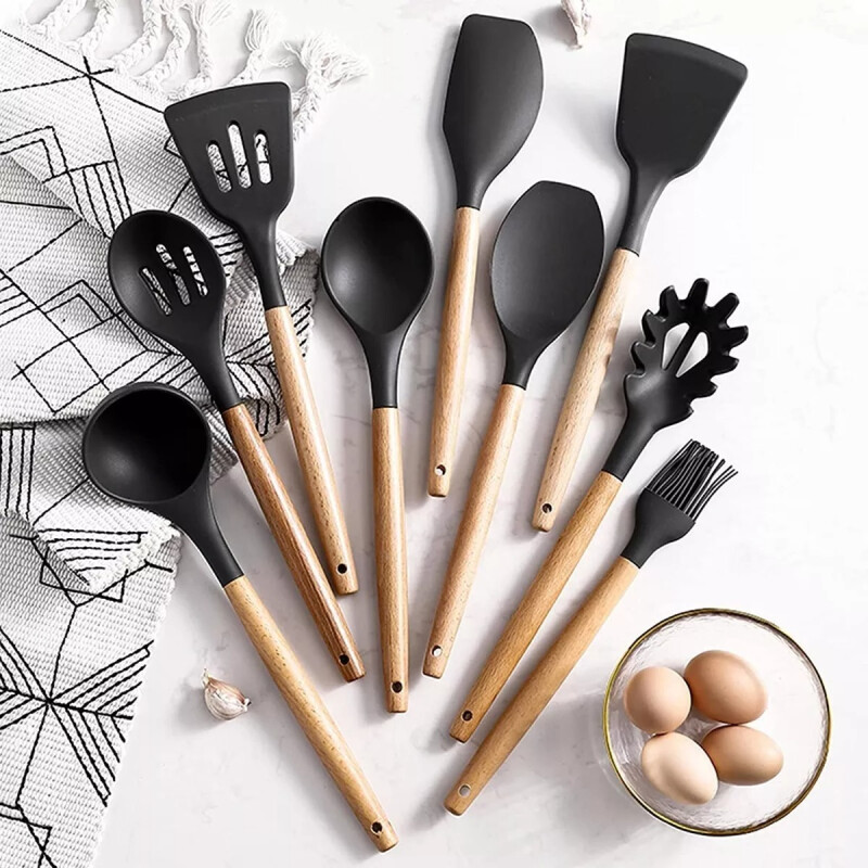 Kit Set Utensilios Para Cocina Madera Y Goma Negro
