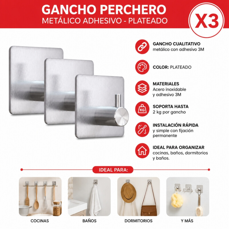 Kit 3 Ganchos perchero metálico adhesivo PLATEADO