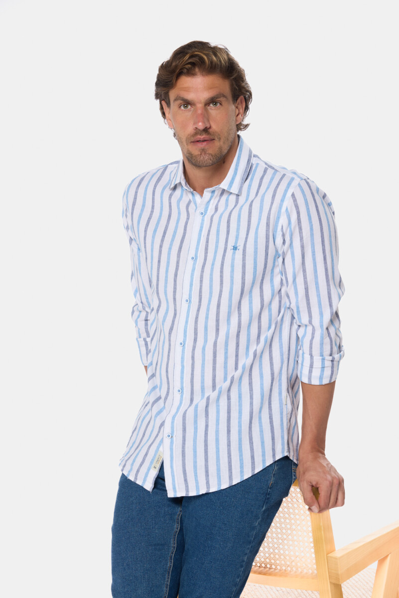 CAMISA DE LINO RAYADA - Azul 