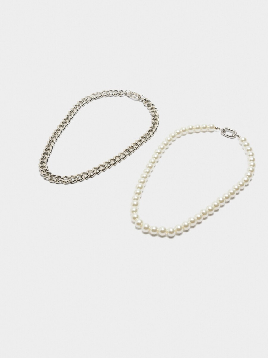 Collar Conversible De Eslabones Y Perlas plateado