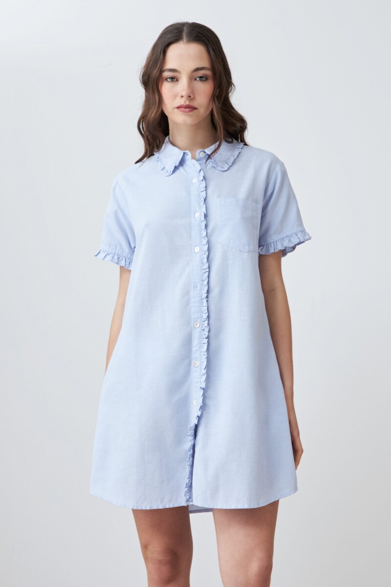 Vestido camisero con volados celeste melange