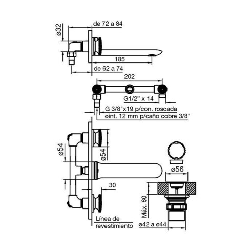 Griferia Lavatorio Pared Bimando En Cromo Fv Serie Nueva 44 Incluye Desague CROMO