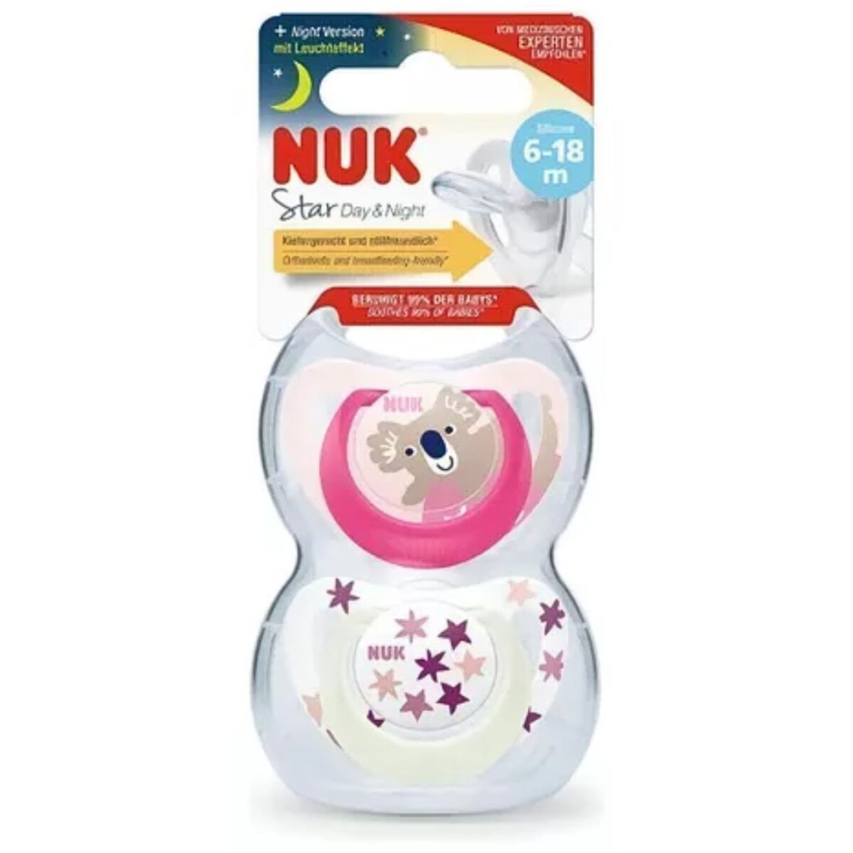 Chupetes Nuk x2 + Porta Chupete Línea Day & Night - Rosa 6-18m 