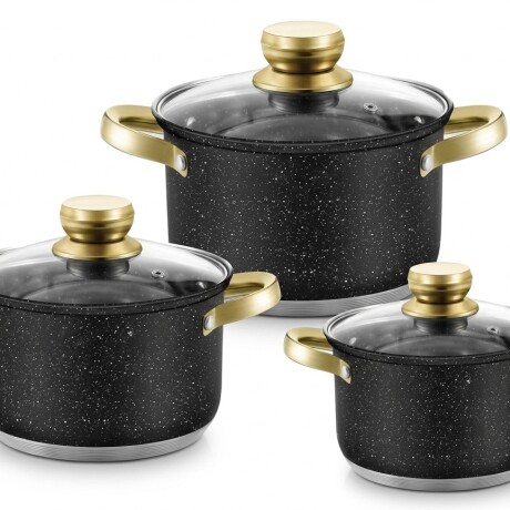 Batería De Cocina Sonifer Efecto Piedra C/tapa De Vidrio 6pc Negro
