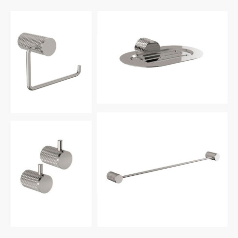SET DE ACCESORIOS INCLUYE 2 PERCHAS,TOALLERO RECTO,PORTARROLLO Y JABONERA 000