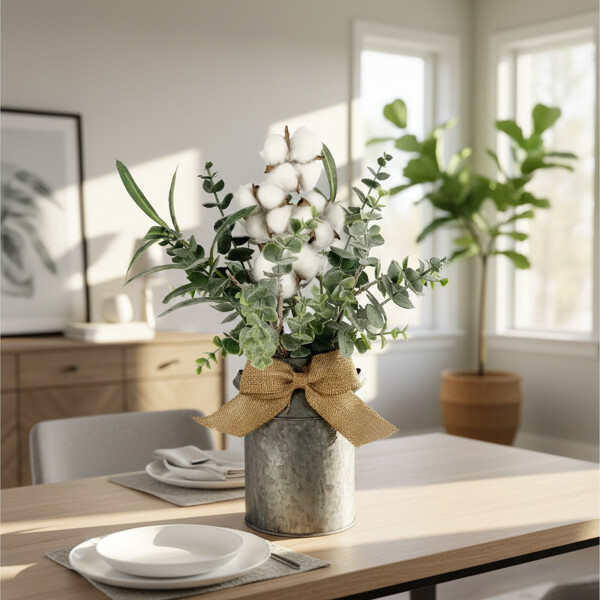 Planta Algodón Decoración Artificial Maceta Balde Metal Color Verde